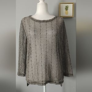 INC International Concepts Women Top  L Gray  Blouse 3/4 Sleeves Sheer Sparkly